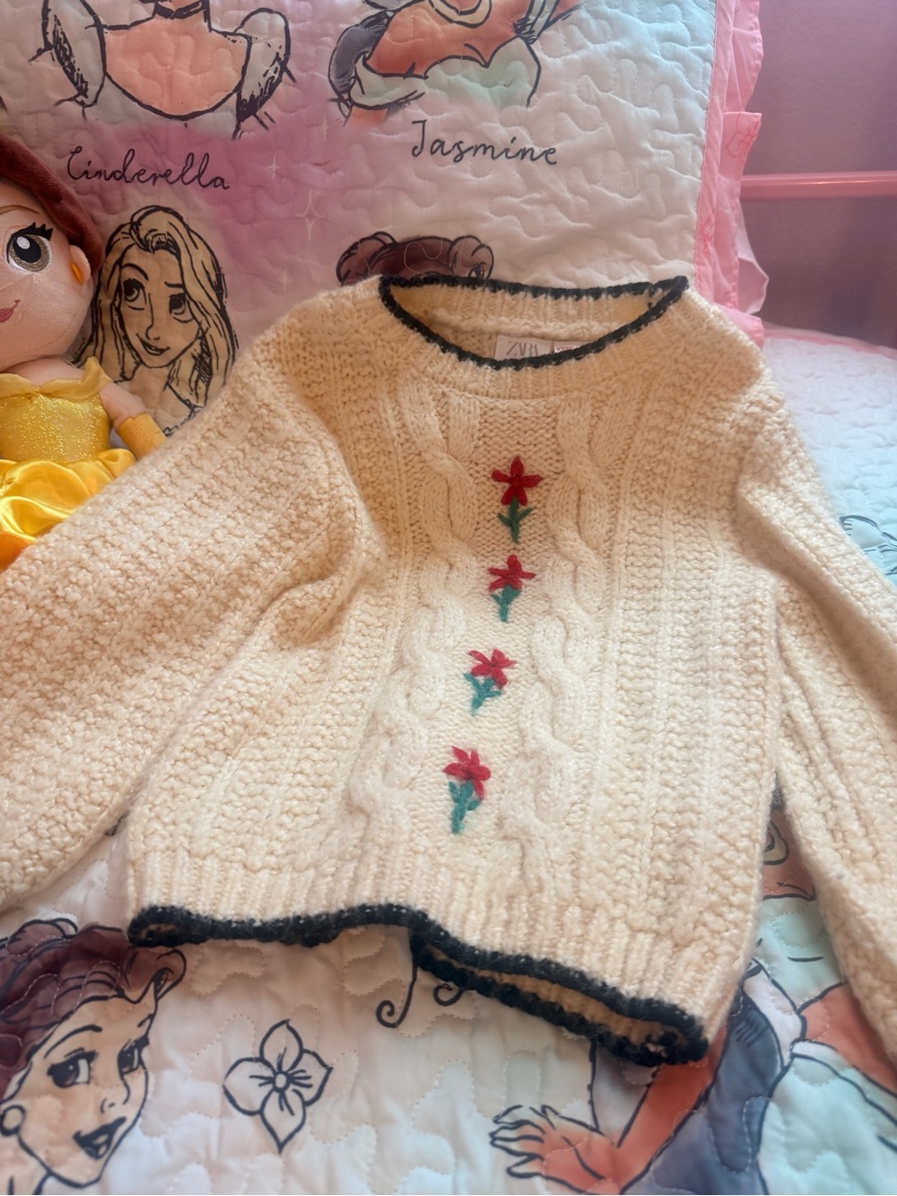 Zara Cream Cable-Knit Sweater with Red Floral Embroidery